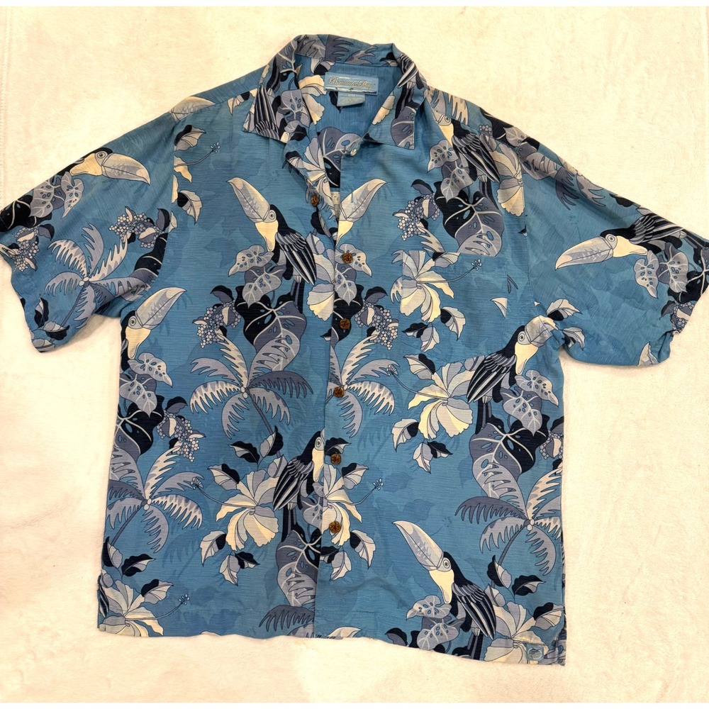 Bermuda Bay Mens Blue 100% Silk Toucan Tropical Hawaiian Camp Shirt Medium